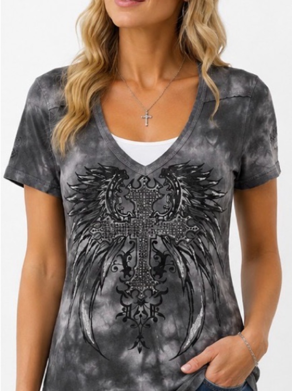 Rebel Spirit Black & Gray Tie-Dye V-Neck Cross Wing Graphic Tee